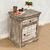 Indian Handmade Carved Solid Hard Wood Door & Drawer Bedside Table 55x40x65Cm